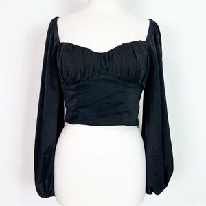 VERGE GIRL BLACK LONG BALLOON SLEEVE CROP SATIN BLOUSE WOMENS SZ 10